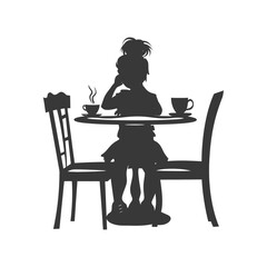 Silhouette little girl sitting at a table in the cafe black color only