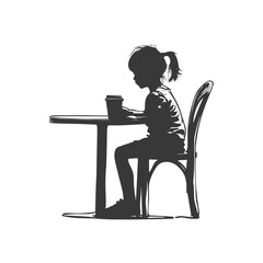 Silhouette little girl sitting at a table in the cafe black color only