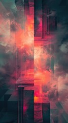 Naklejka premium Futuristic abstract background with geometric elements silhouette of clouds and flame lights, 3d render, digital vertical illustration poster with copy space.