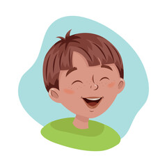 Cute little boy with short brown hair and smiling face, child`s head isolated on white background, colorful vector illustration in cartoon style