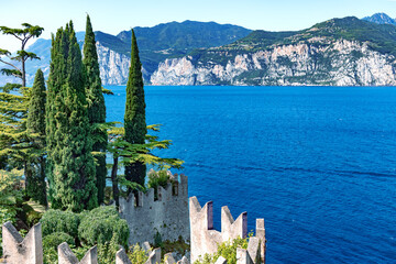 View of the Scaliger Castle in Malcesine on Lake Garda, located in the Lombardy region in northern...