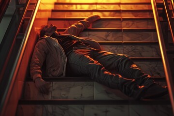A man laying down on a set of stairs, suitable for concepts related to rest and relaxation - Powered by Adobe