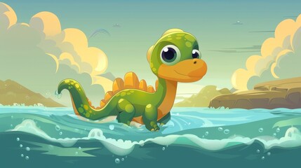 Plesiosaurus dinosaur underwater. Sea or ocean landscape with a cute baby dinosaur. Modern cartoon illustration of a prehistoric marine animal with flippers.