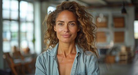 Confident woman with curly hair in a denim jacket smiling in a bright cafe