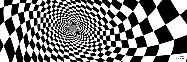 Abstract Black and White Pattern with Tunnel. Contrasty Optical Psychedelic Illusion. Smooth Checkered Spiral and Chessboard in Perspective. Vector. 3D Illustration