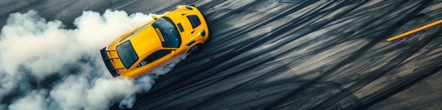 Aerial top view professional driver drifting car on asphalt road track with white smoke, Automobile race car drift on abstract asphalt road with black tire skid mark, View from above.