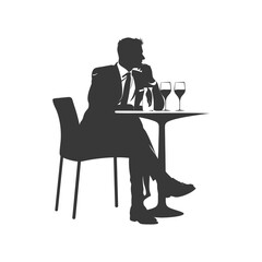 Silhouette man sitting at a table in the cafe black color only