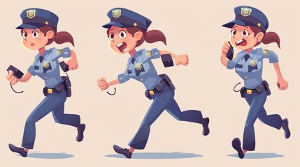 Female police officer, female police officer at work. Woman wears blue uniform, issues a fine, runs, uses walkie-talkie while on duty. Girl city patrol constable fends off criminal. Linear flat