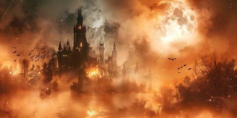 Haunted castle with Dracula bats and creepy atmosphere evokes scary horror. Concept Haunted Castle, Dracula Bats, Creepy Atmosphere, Scary Horror