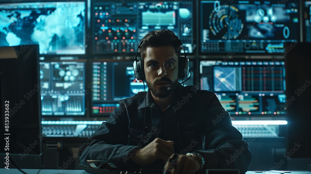 Poster technical support specialist making an intercom announcement on a microphone and making a desktop co