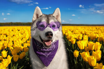adorable happy black and white siberian husky in the charming yellow tulip flowers field with purple heart shape glasses and bandana