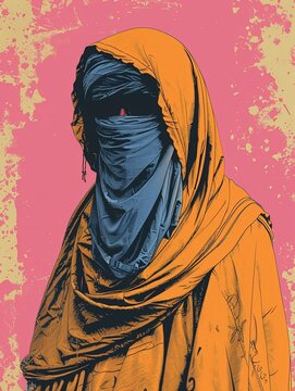 A portrait of a person wearing a blue turban. The background is pink.