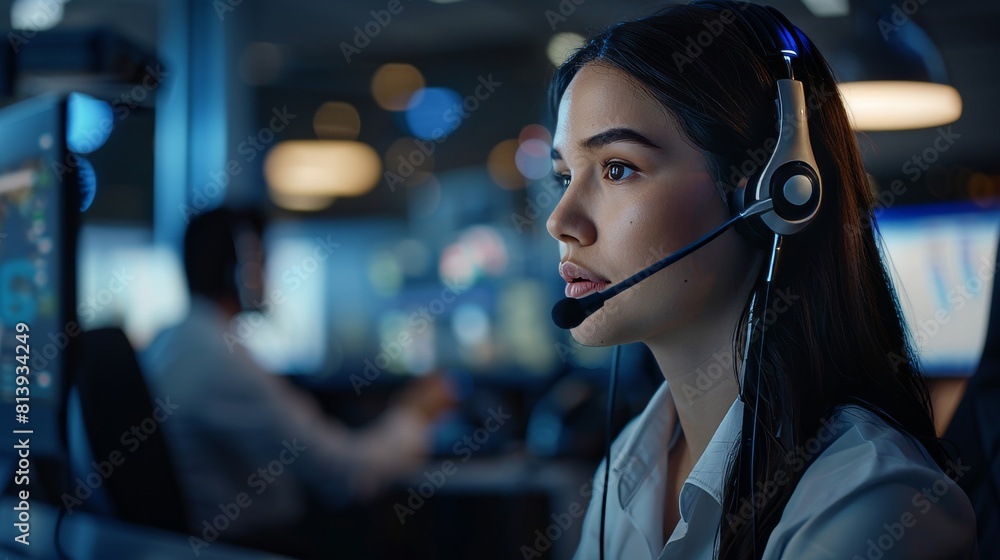 Poster customer support specialist uses headset to interact with clients in a call center control room. sal