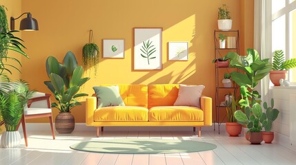 Eco friendly living room in flat design front view minimal waste lifestyle theme animation Complementary Color Scheme