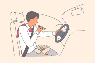 Rushing man driver eats noodles and drives car at same time, due to strict deadlines at work