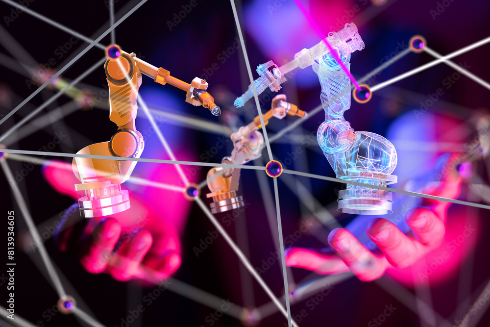 Poster Neural network 3D illustration. Big data and cybersecurity - 3d