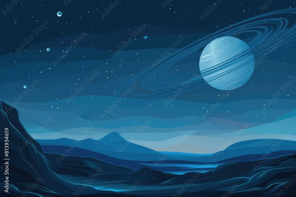 Poster a stunning view of a planet with a beautiful ring in the sky. perfect for space and astronomy concep