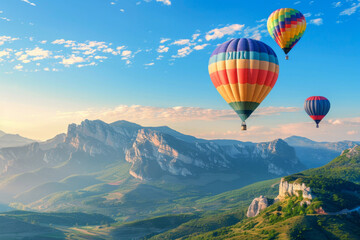 Obraz premium A breathtaking sight of vibrant hot air balloons drifting gracefully over a majestic mountain range, against a backdrop of clear blue skies, symbolizing adventure, and exploration