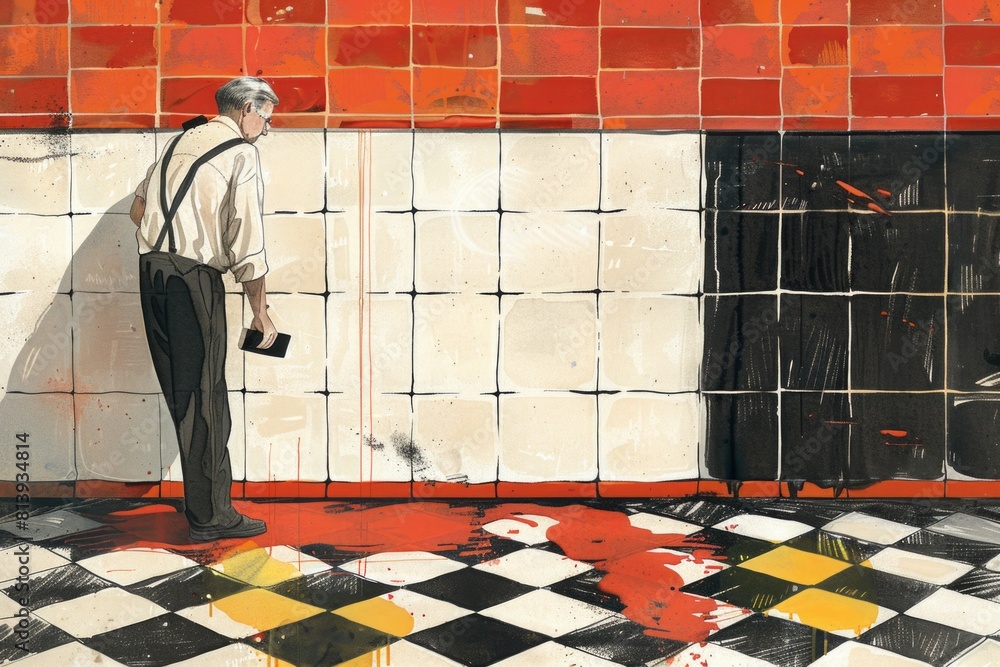 Poster a man standing in front of a wall, suitable for various concepts and projects