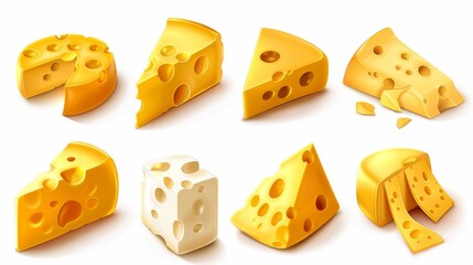 Isolated on a white background are 3d realistic modern illustrations of triangles, cubes, chunks of cheez, cheddar with holes, holland or swiss food, set icons.