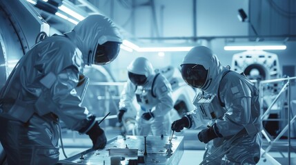 A team of engineers in protective suits works on the construction of satellites under the supervision of a chief engineer. Aerospace Agency Manufacturing Facility: Scientists assembling spacecraft.