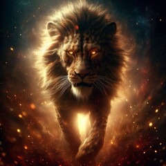 Naklejka premium lion with burning eyes in the night