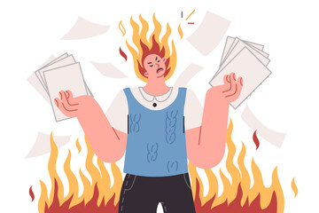 Angry man, nervous about bureaucracy and overabundance of paperwork, stands among flames