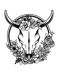 Bull Skull Floral Wreath Illustration, Flower Animal Clipart, Boho Decors Cut File, Ranch Bull Stencil, Teepee T-shirt Design, Pet Portrait Vector