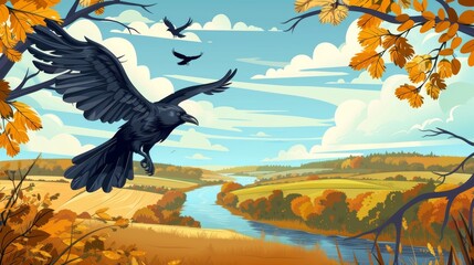 Naklejka premium Agricultural fields and river in autumnal landscape with black raven with spread wings. Modern cartoon illustration of countryside with lake, farmlands, and wild crow on tree branch.