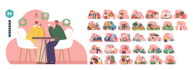 Weekend Activities And Social Interactions Isolated Vector Elements. Different Cartoon People Characters In Activities