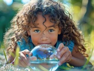 Adorable little curly-haired girl of diverse background playing with a glass globe in the green forest park. A moment of curiosity and connection with nature, exploring the beauty of the Earth.