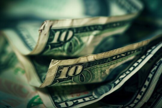 A creatively focused image of a crumpled ten-dollar bill among flat bills, evoking financial distress or carelessness with money