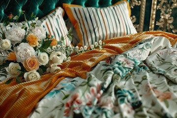 Cozy luxury bedding linen set with flowers