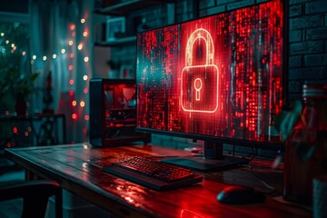 Obraz premium Cyber Security Lock on Computer Monitor