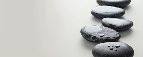 Simplistic image of hot stone therapy setup with smooth basalt stones on a clean, white background
