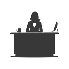 Silhouette news anchor women in action sit in front desk black color only