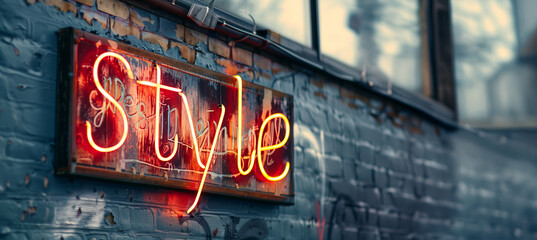 A vivid neon sign spelling Style affixed to a brick wall, highlighting urban chic and trendiness