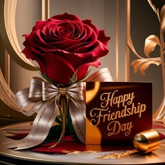 The background of Happy Friendship Day features a red rose and love.