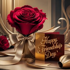 The background of Happy Friendship Day features a red rose and love.