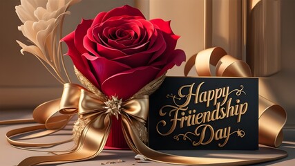 The background of Happy Friendship Day features a red rose and love.