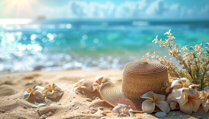 A beach scene with a straw hat, a flower, and a starfish on the sand by AI generated image