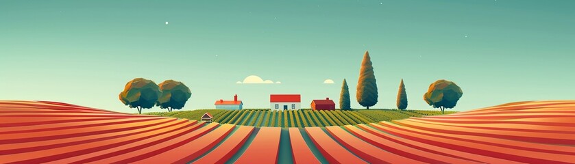 Generational farm with modern and old farming techniques side by side, sunrise, vibrant, evolution of values