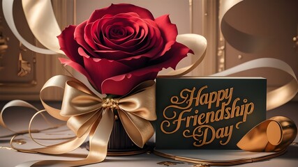 The background of Happy Friendship Day features a red rose and love.
