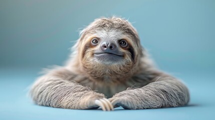 Close-up of a smiling sloth on a blue background