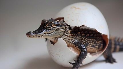 Newborn Cayman Crocodiles Enchanting Studio Portrait While Hatching from Its Egg Generative ai