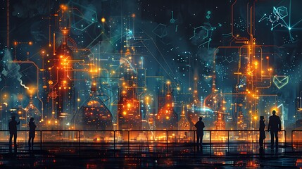 Design an illustration depicting the integration of multiple disciplines in solving complex scientific challenges with researchers from different fields collaborating synergistically.