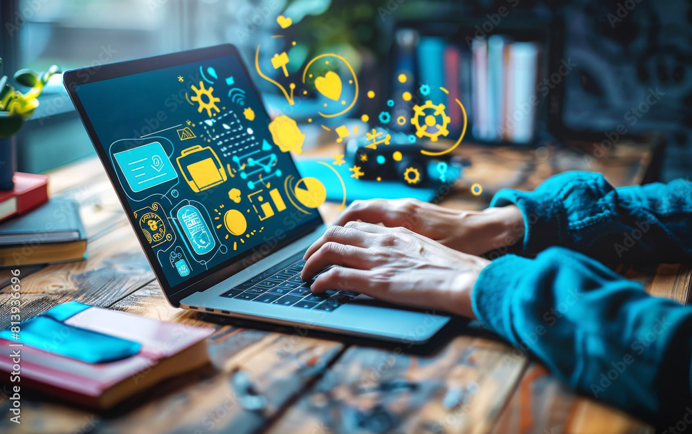 Poster creative professional using a laptop with digital icons and concepts floating around
