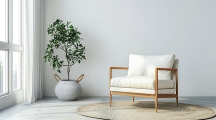 living room interior with a square white chair on wooden legs, a round rug and a plant against a background of an empty gray wall with copy space