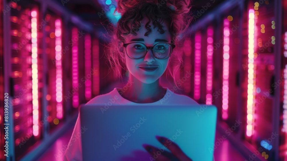 Poster using laptop computer and looking at camera, female programmer works on it maintenance for cloud com