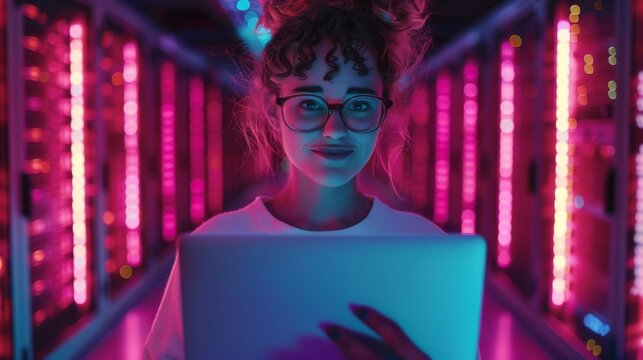 Using laptop computer and looking at camera, female programmer works on IT maintenance for cloud computing servers.